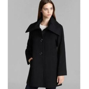 Fleurette black wool cashmere button front wide collar luxe heavy winter coat